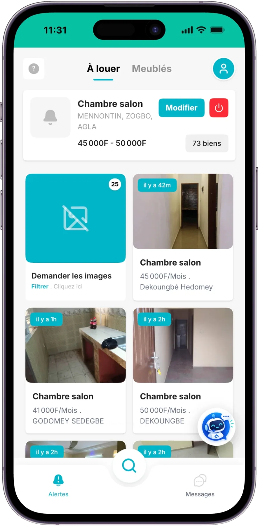 Page alertes avec liste des biens disponibles