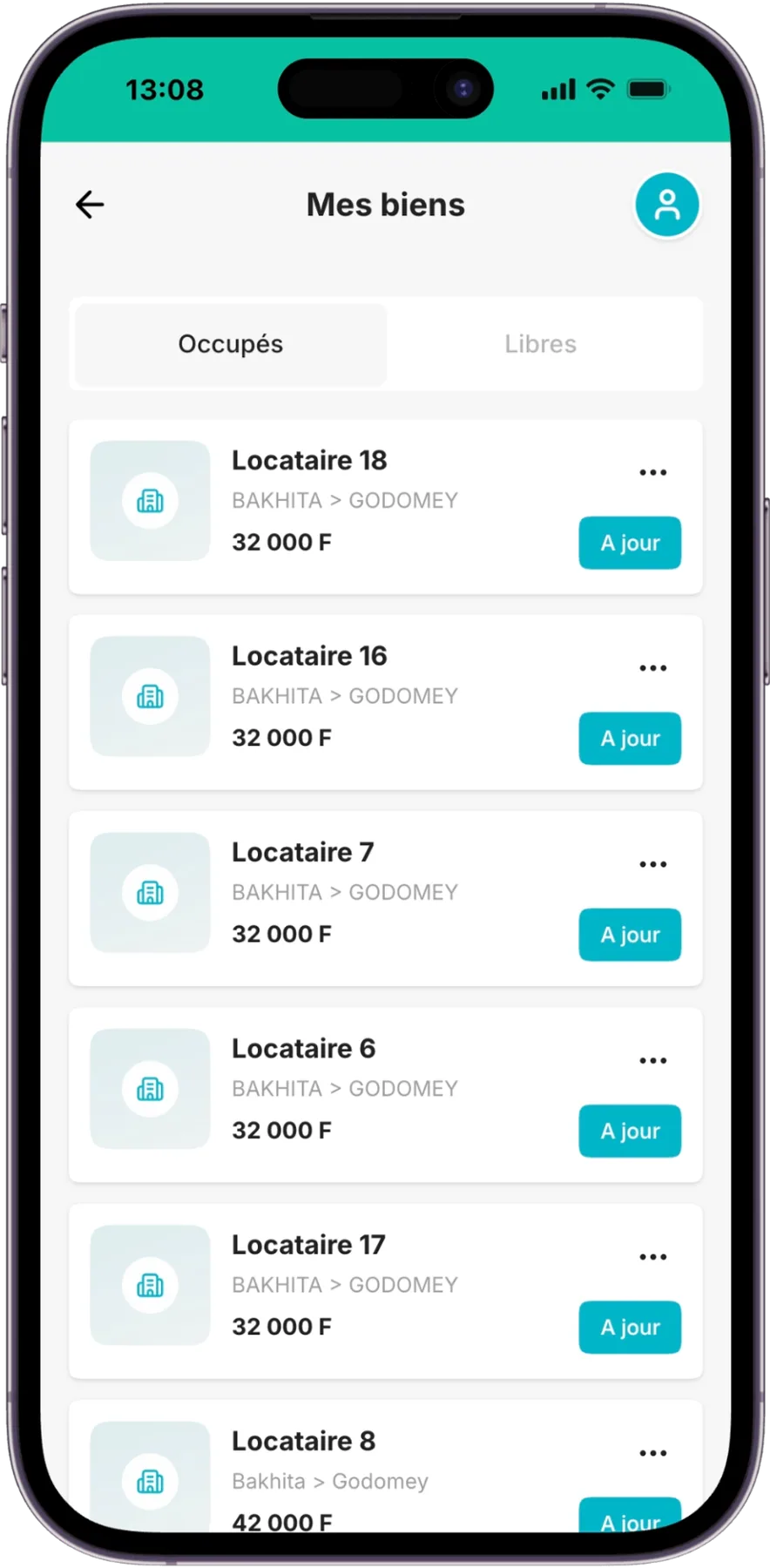 Liste des biens et locataires à jour dans l'application Locapay